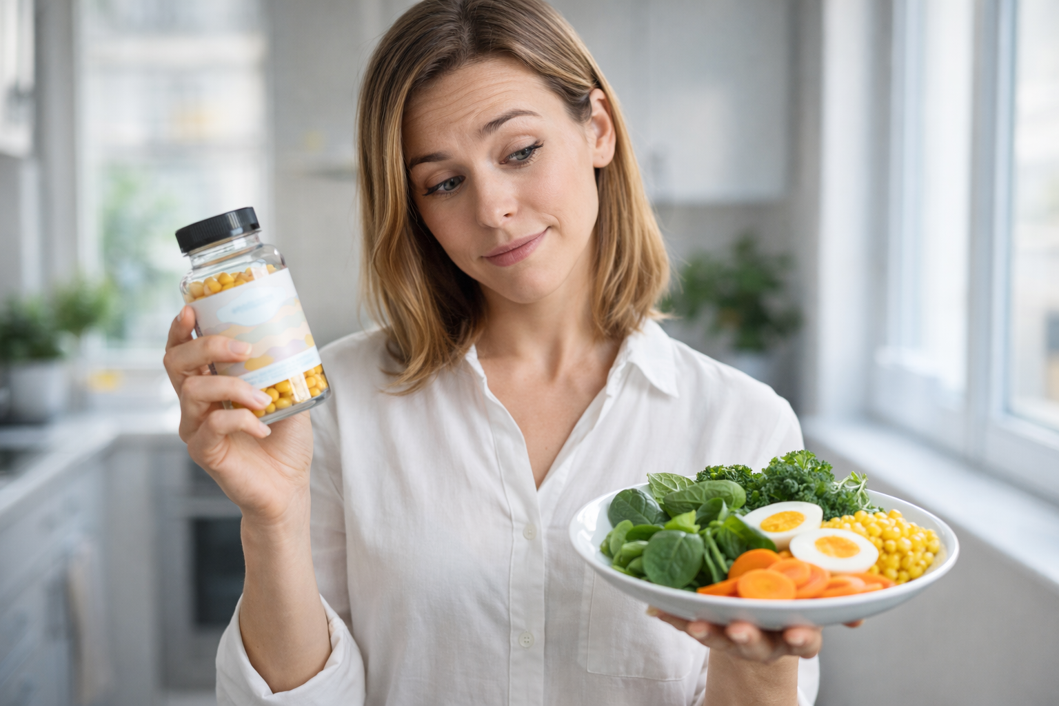 девушка выбирает: витамины или продукты