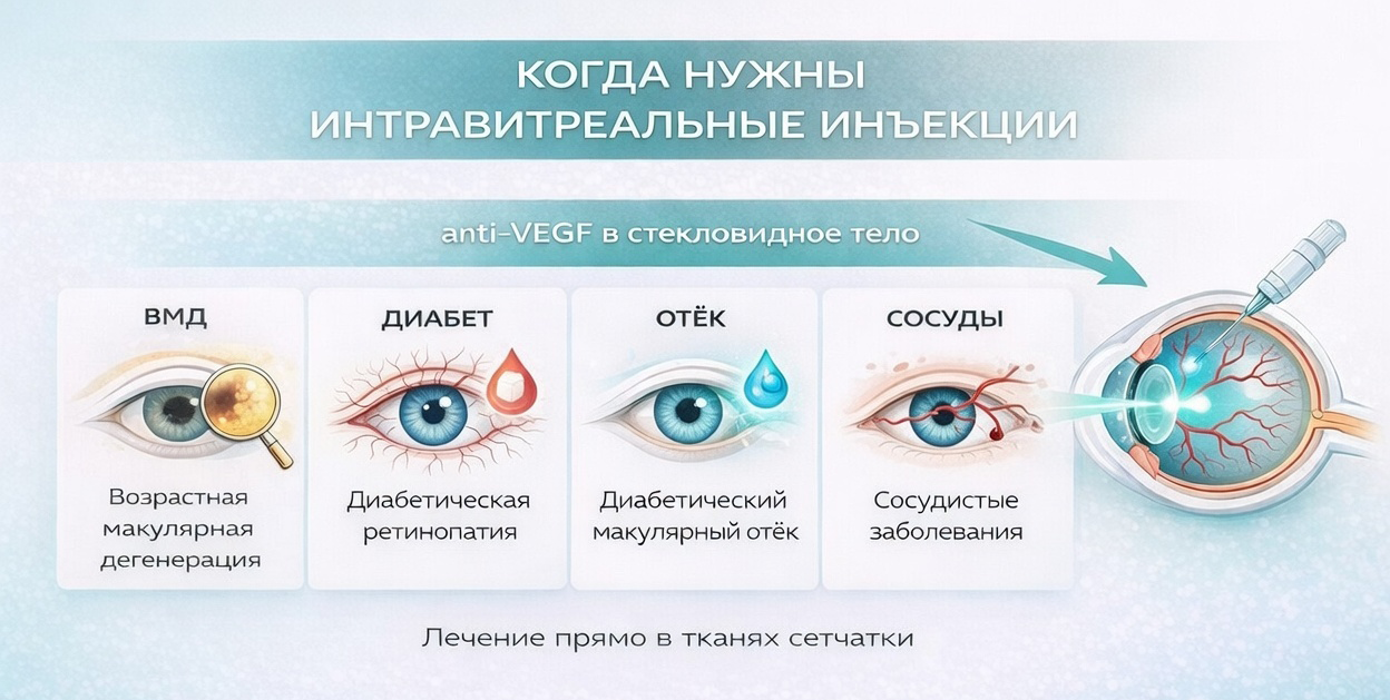 Показания к интравитреальным инъекциям: ВМД, диабетическая ретинопатия