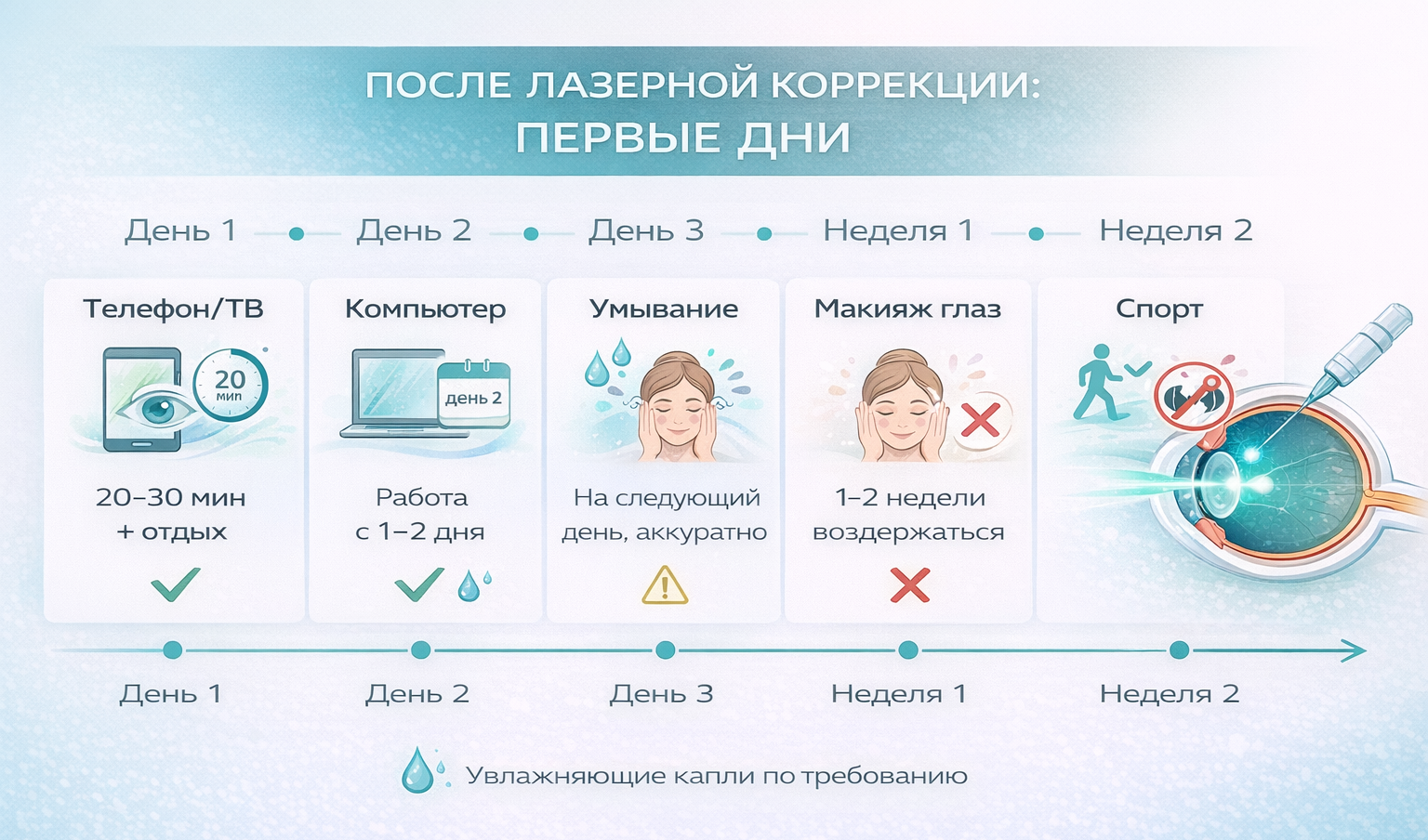 После LASIK: экраны, умывание, макияж, спорт