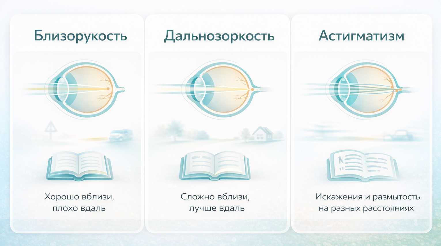 Схема: отличия астигматизма от близорукости и дальнозоркости